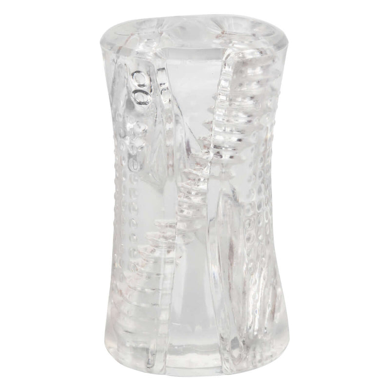 Clear California Exotic Novelties Cyclone Dual Ribbed Stroker with textured design for maximum stimulation and easy-grip for control