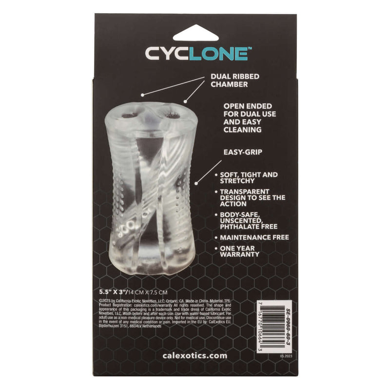 California Exotic Novelties Cyclone Dual Ribbed Stroker packaging with product features listed: dual ribbed chamber, easy-grip, body-safe, and transparent design.