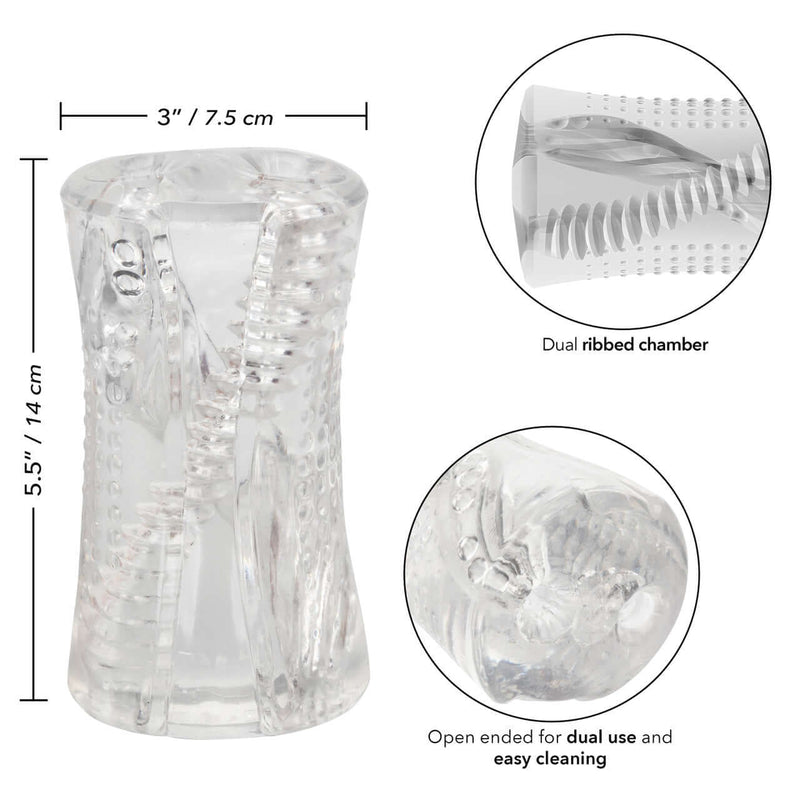 California Exotic Novelties Cyclone Dual Ribbed Stroker - Clear 5.5 Inches with dual ribbed chamber and open end for ease of cleaning