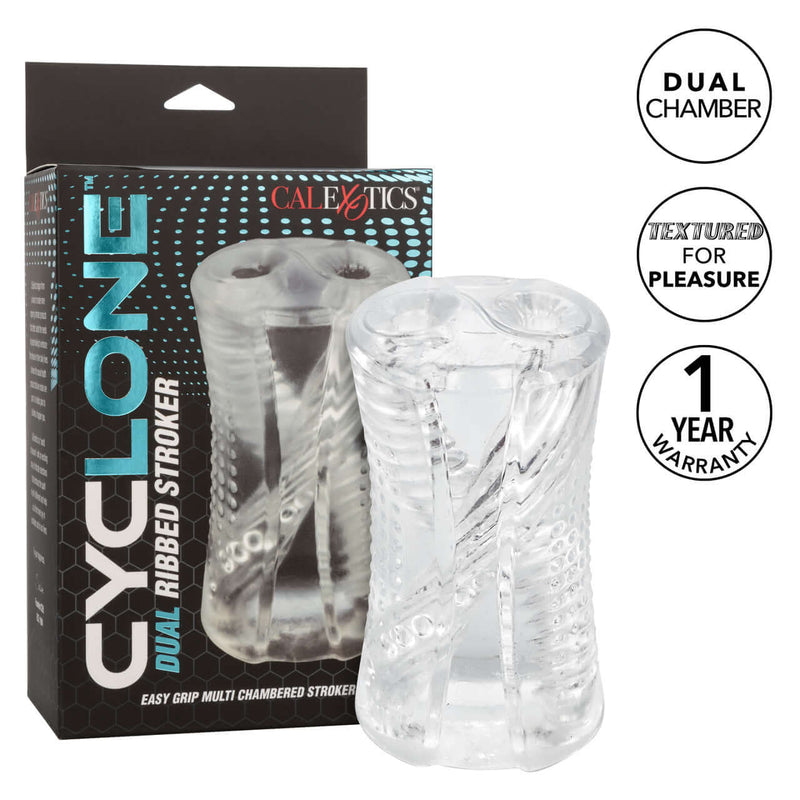 California Exotic Novelties Cyclone Dual Ribbed Stroker - Clear, 5.5 inches, easy grip design, dual chamber, textured, 1-year warranty.