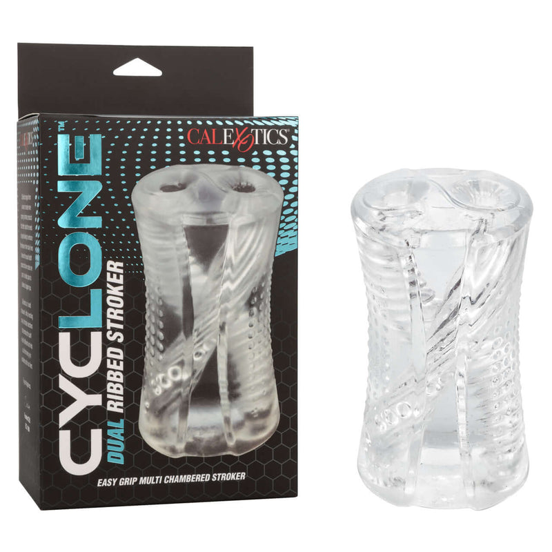 California Exotic Novelties Cyclone Dual Ribbed Stroker - Clear, 5.5 Inches, innovative masturbator with easy-grip design for extra stimulation.