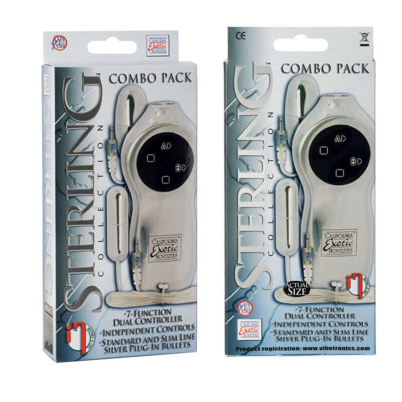 Sterling Collection Combo 5 packaging showcasing 7-function dual controller for customizable pleasure and independent controls.