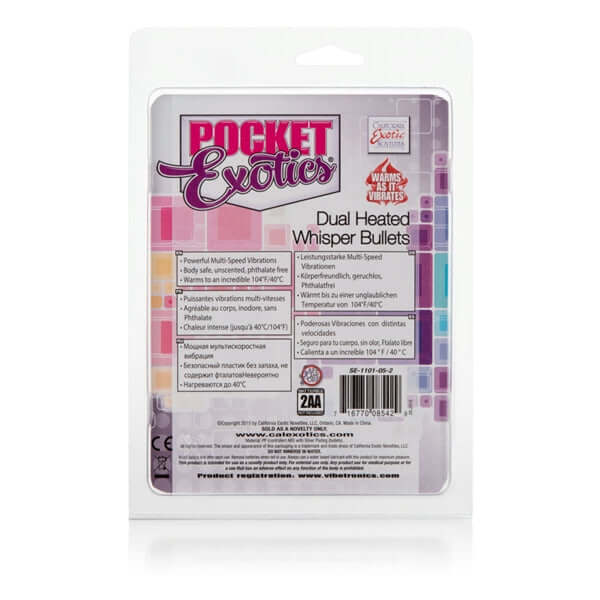 Packaging of Pocket Exotics Dual Heated Whisper Bullet Vibrators showing product details in multiple languages.