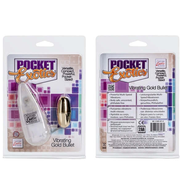 Pocket Exotics Vibrating Gold Bullet packaging, showcasing a compact vibrator and detailed features for pleasure.