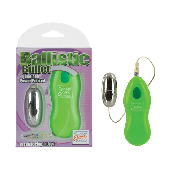 Ballistic Silver Bullet Vibrator packaging and product, showcasing quiet, powerful design with ergonomic controls.