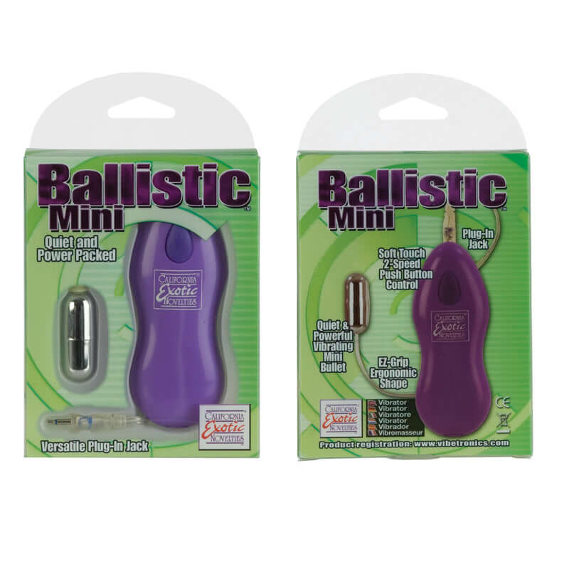 Packaging of Ballistic Bullet Mini Vibrator showcasing ergonomic design, dual-speed control, and power features.