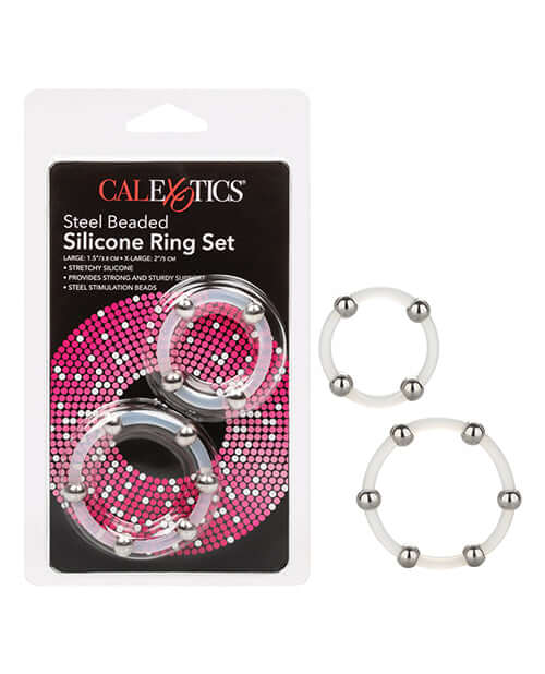 Steel Beaded Silicone Ring Set by California Exotic Novelties, featuring stretchy rings with stainless steel beads for enhanced pleasure.