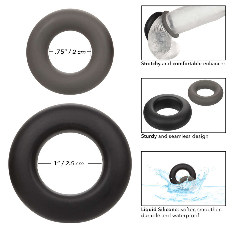 Alpha Liquid Silicone Prolong Set of 2 Rings with stretchable, seamless design, available in two sizes, crafted from durable Liquid Silicone.