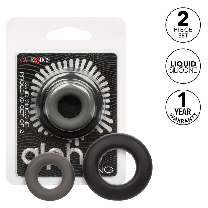Alpha Liquid Silicone Prolong Set of 2 rings by California Exotic Novelties, packaged showing two piece set, liquid silicone, and one-year warranty.