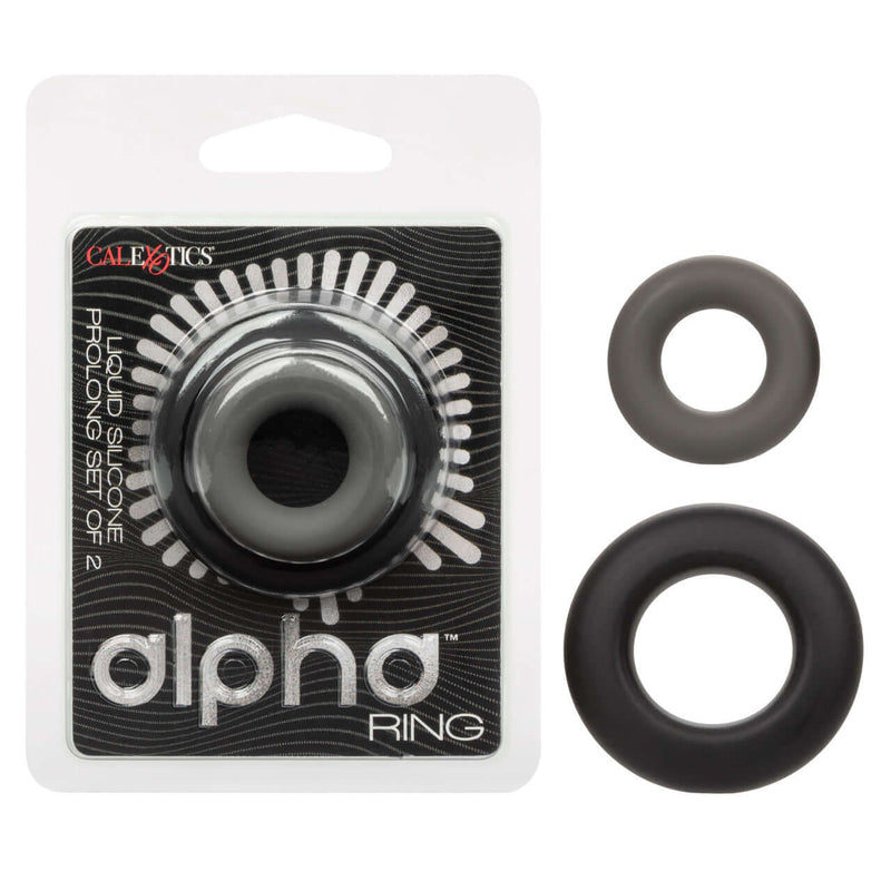 Alpha Liquid Silicone Prolong Set of 2 Rings with packaging from California Exotic Novelties, designed for enhancing intimate pleasure.