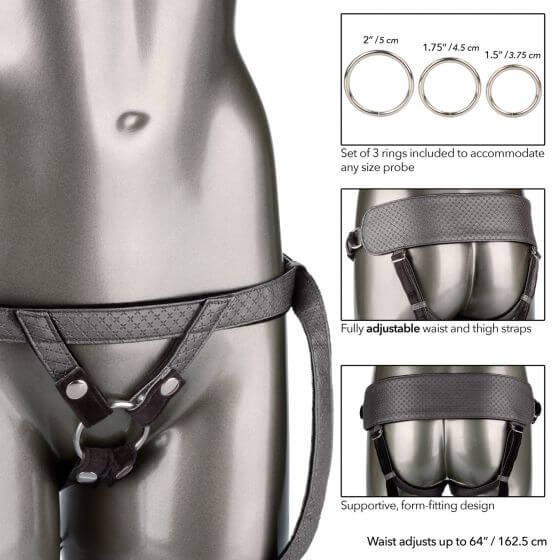 Adjustable vegan leather harness Her Royal Harness The Regal Princess in pewter with velvet lining and three probe rings included.
