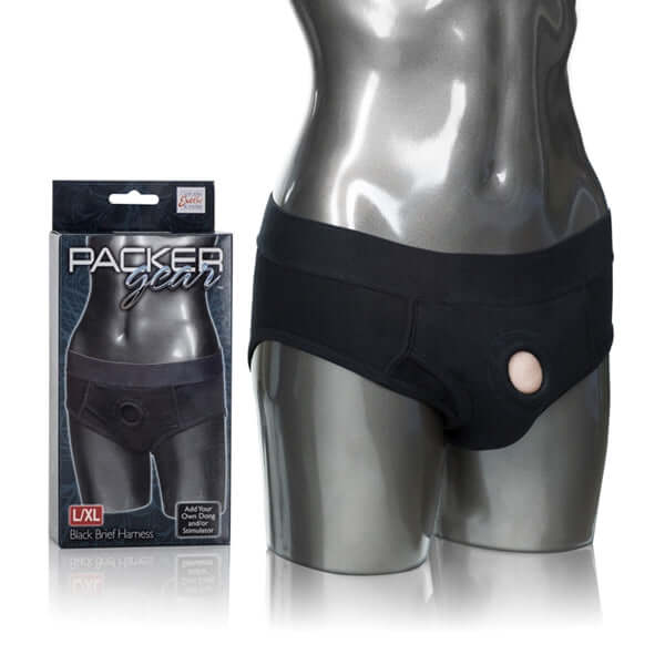 Packer Gear Black Brief Harness L XL displayed on a mannequin with packaging, ideal for strap-on play comfort and versatility.