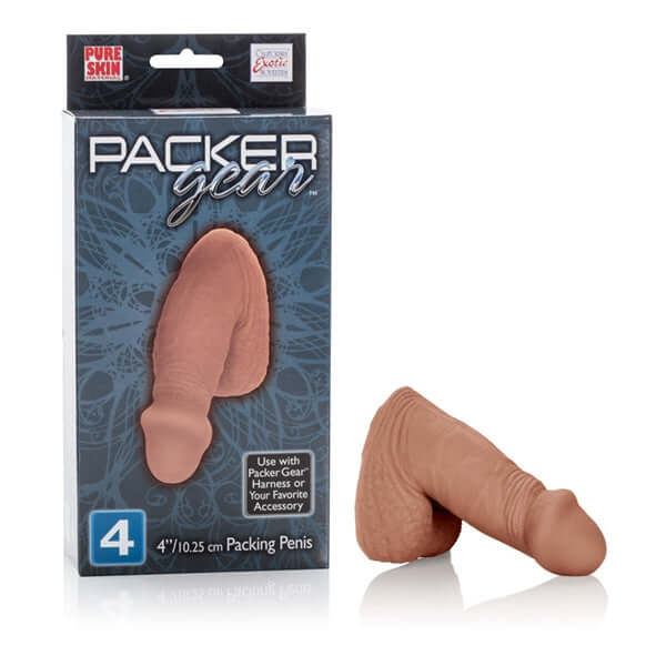 Packer Gear Brown Packing Penis 4 inches displayed in packaging, designed for realistic everyday wear.