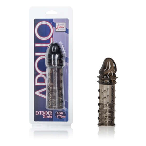 Apollo Extender Smoke Penis Extension package with product, designed to enhance size and pleasure safely, adds 2 inches.