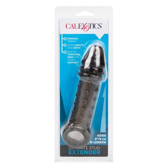 Ultimate Stud Extender Smoke in packaging, enhances pleasure and stamina, adds 2-inch extension for length and girth.