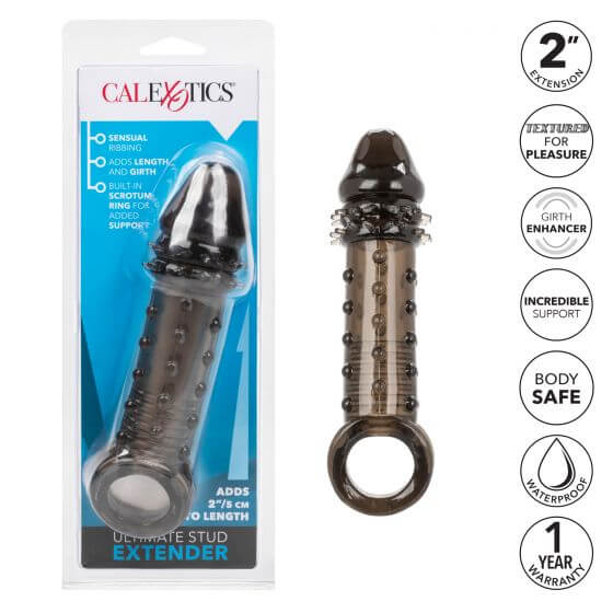 Ultimate Stud Extender Smoke in packaging and product view – Enhance Pleasure & Stamina with 2-inch extension and textured surface.