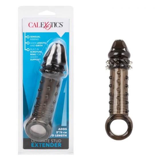 Ultimate Stud Extender Smoke – Enhance Pleasure & Stamina with 2-inch extension and textured design from CalExotics packaging.