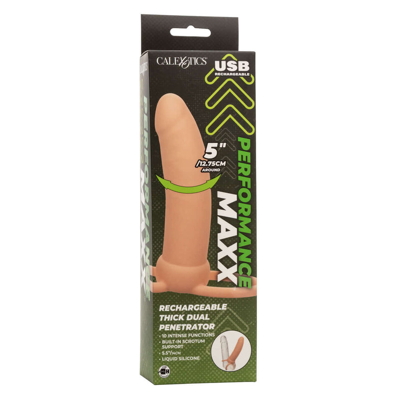 Performance Maxx Rechargeable Thick Dual Penetrator Ivory packaging showing 5" size and 10 vibration functions.