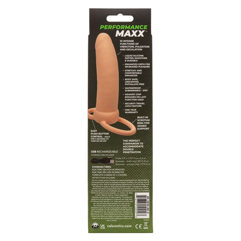 Packaging of Performance Maxx Rechargeable Thick Dual Penetrator from California Exotic Novelties with USB Rechargeable feature.