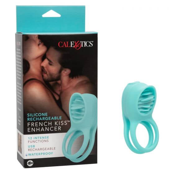 California Exotic Novelties Silicone Rechargeable French Kiss Enhancer Blue Vibrating Cock Ring at $34.99