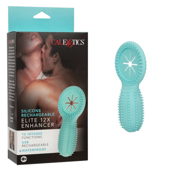 California Exotic Novelties Silicone Rechargeable Elite 12X Enhancer Vibrating Cock Ring Packaging and Product
