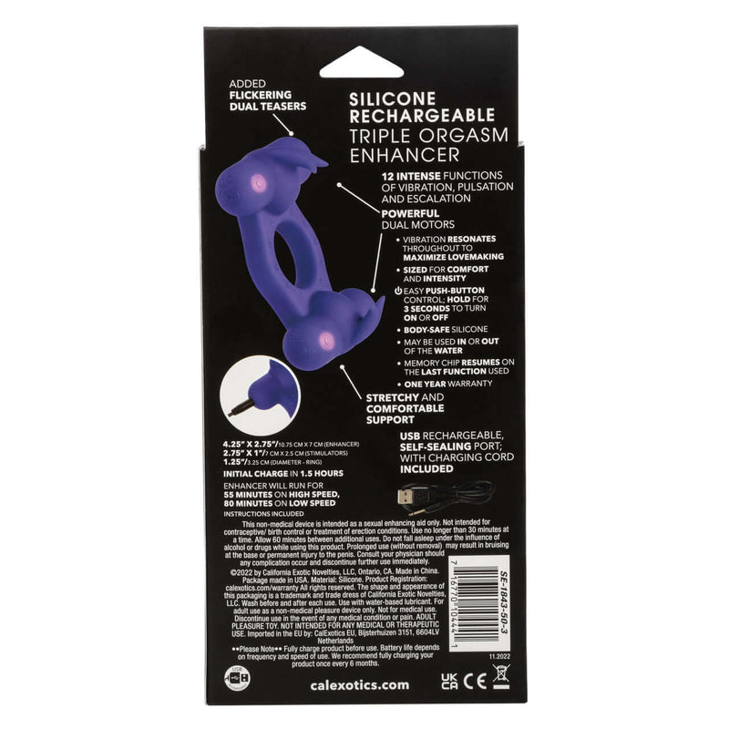 Silicone Rechargeable Triple Orgasm Enhancer Couple's Cock Ring Purple