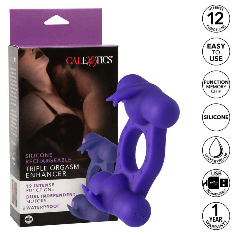 Silicone Rechargeable Triple Orgasm Enhancer Couple's Cock Ring Purple
