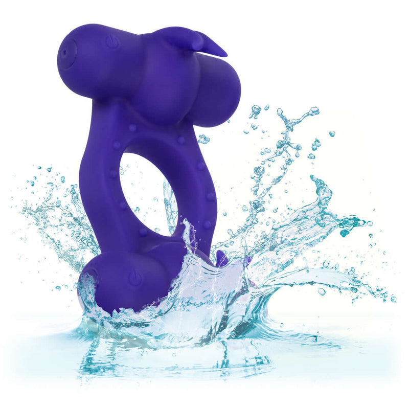Silicone Rechargeable Triple Orgasm Enhancer Couple's Cock Ring Purple