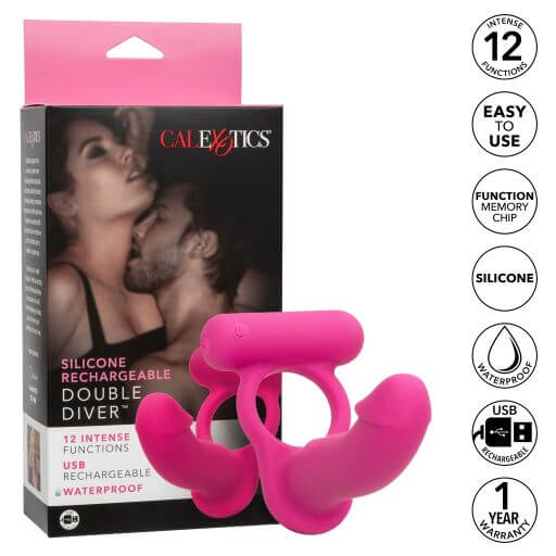 Silicone Rechargeable Double Diver Vibrating Cock Ring - Pleasure Toy