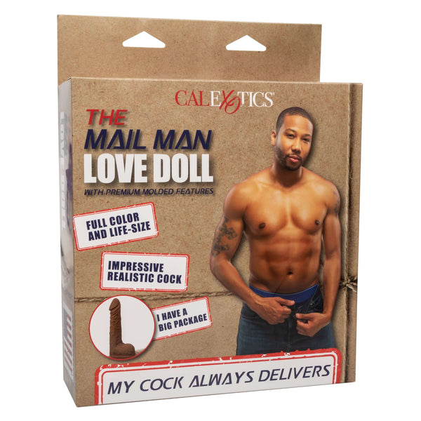 The Mail Man Love Doll packaging featuring a muscular shirtless male with premium molded features from California Exotic Novelties