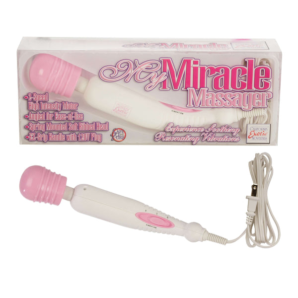 My Miracle Massager Wand in packaging, featuring dual speeds and ergonomic design for soothing vibrations.