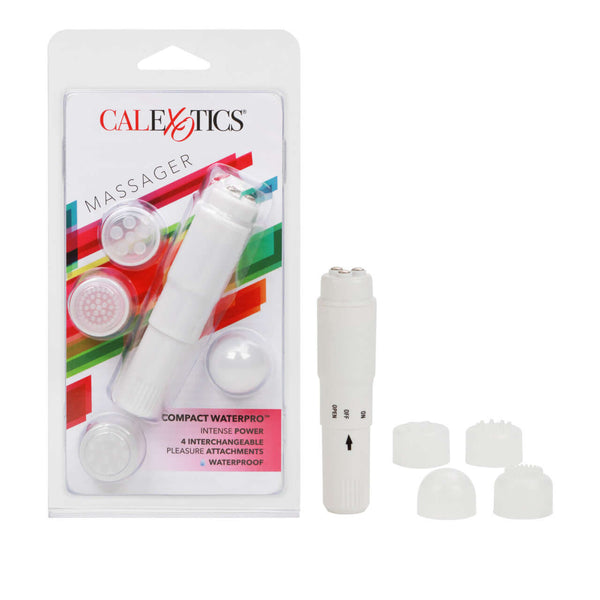 Compact Water Pro Mini Massager from California Exotic Novelties with interchangeable attachments and waterproof design.