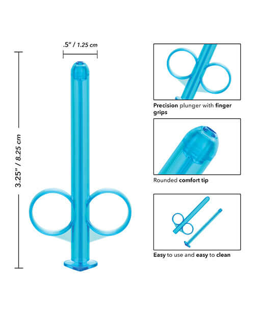 Lube Tube Blue with dimensions and features, including precision plunger with finger grips, rounded comfort tip, and ease of cleaning.