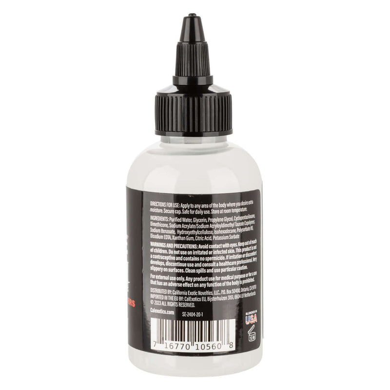 Back view of a 4 oz bottle of Fuck Sauce Cum Hybrid Unscented Lube by California Exotic Novelties, showing ingredients and usage instructions.
