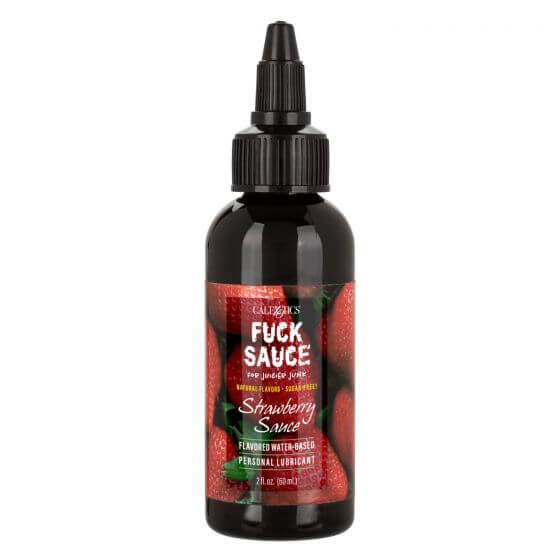 Strawberry flavored water-based lubricant bottle, 2 oz, for enhancing intimate experiences and adding sweetness.