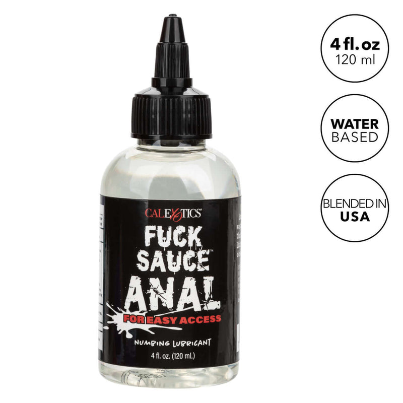 4 oz bottle of Fuck Sauce Anal Numbing Lube, water-based, by CalExotics, designed for comfort and pleasure in anal play.