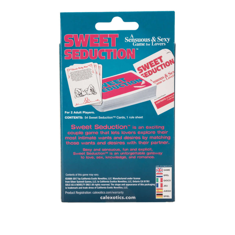 Back cover of Sweet Seduction Game showing playing cards and text description for couples exploring intimacy and desires