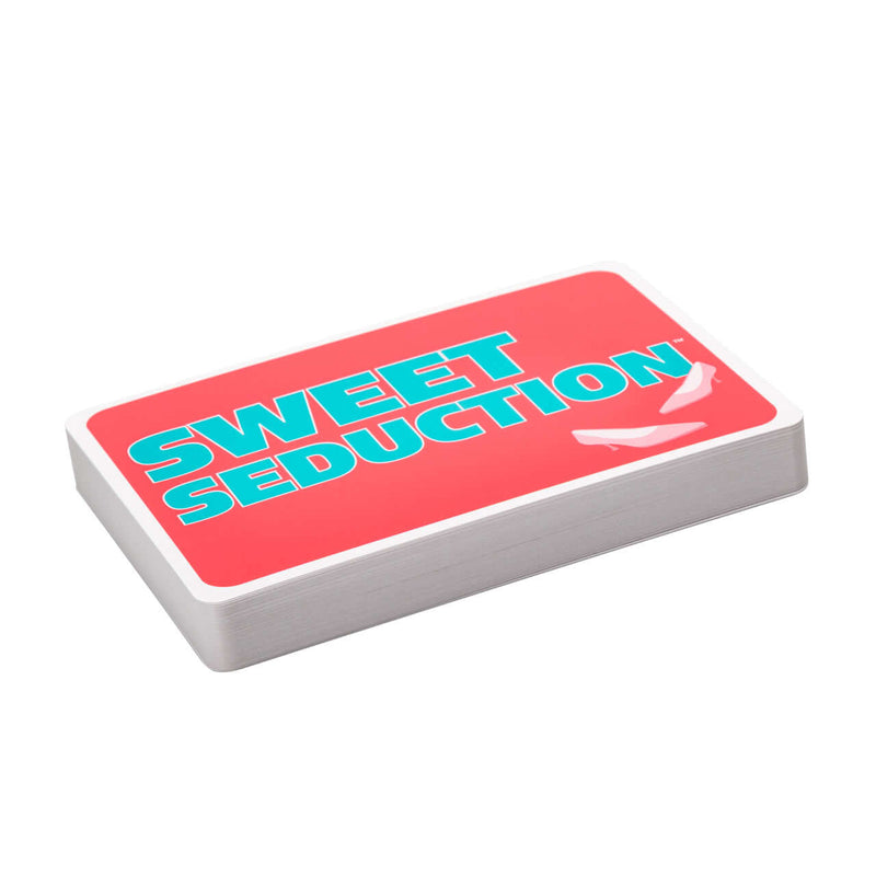 Stack of Sweet Seduction Game cards for couples exploring intimacy and pleasure in a playful way, featuring a red and blue design.