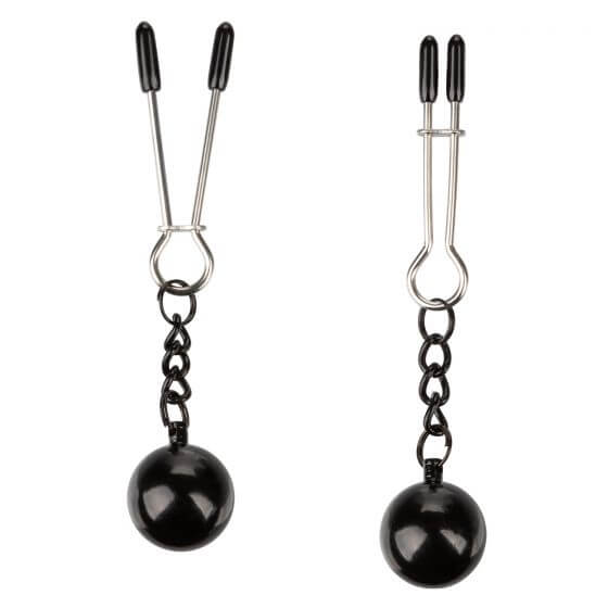 Silver nipple clamps with black chains and weights for customizable intensity from California Exotic Novelties.