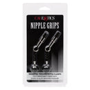 Silver Nipple Grips Weighted Tweezer Nipple Clamps packaging by California Exotic Novelties, adjustable for customizable experiences.
