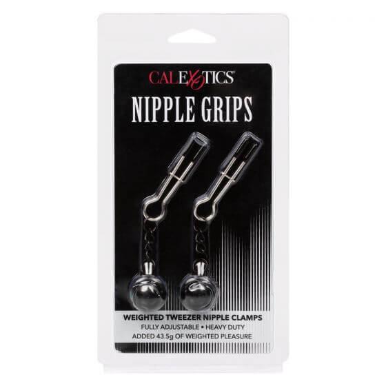 Silver Nipple Grips Weighted Tweezer Nipple Clamps packaging by California Exotic Novelties, adjustable for customizable experiences.