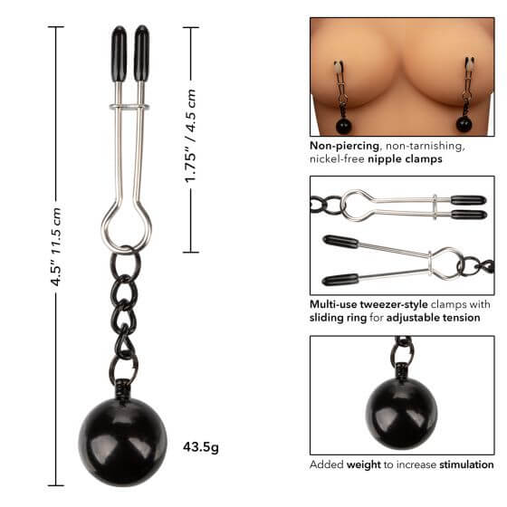 Silver tweezer nipple clamps with weights for adjustable intensity and stimulation. Nickel-free, non-piercing design.