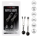 Nipple Grips Weighted Tweezer Nipple Clamps by CalExotics in packaging, showcasing features like easy-to-use and nickel-free design.
