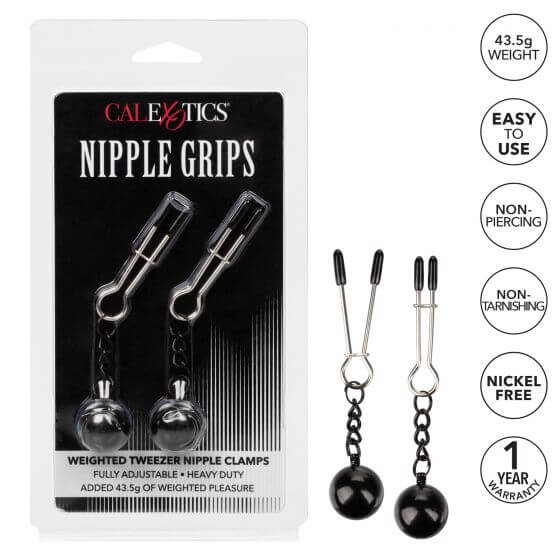 Nipple Grips Weighted Tweezer Nipple Clamps by CalExotics in packaging, showcasing features like easy-to-use and nickel-free design.