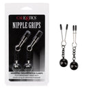 Silver weighted tweezer nipple clamps with black weights from CalExotics packaging.