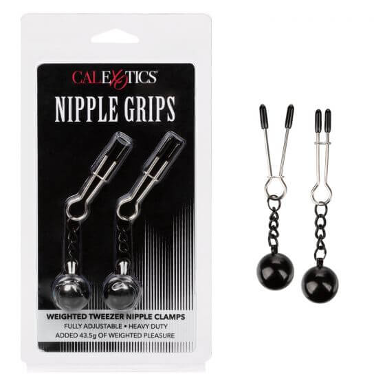 Silver weighted tweezer nipple clamps with black weights from CalExotics packaging.