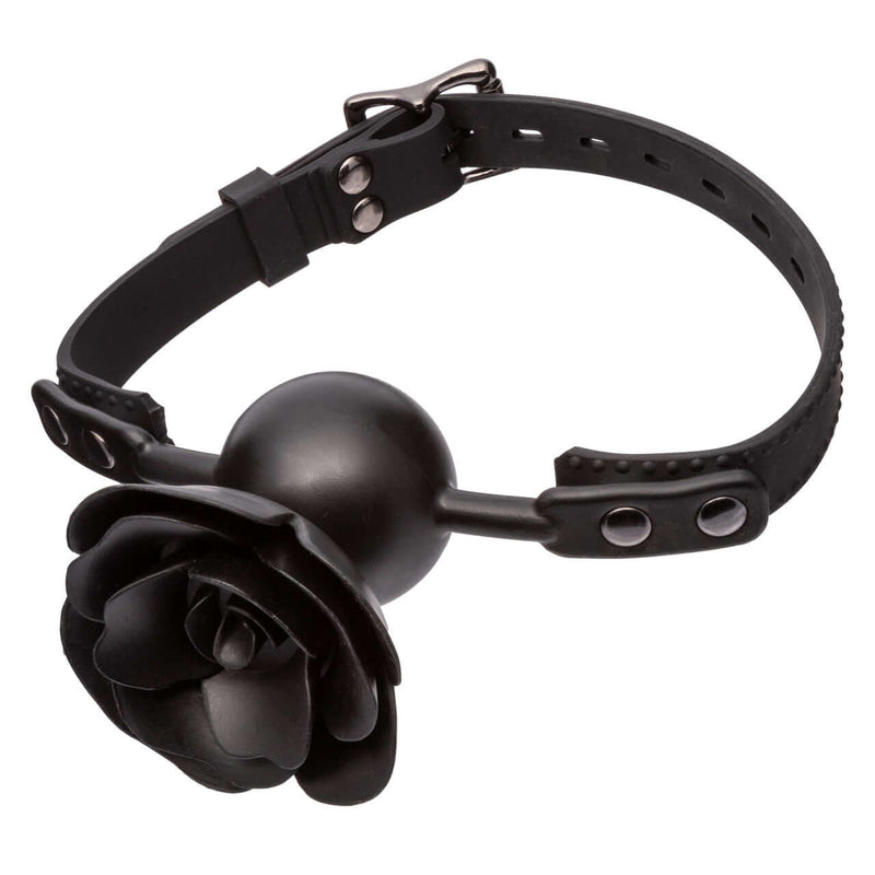 Adjustable ball gag with removable rose accent, body-safe silicone, and secure buckle closure for customizable BDSM play.