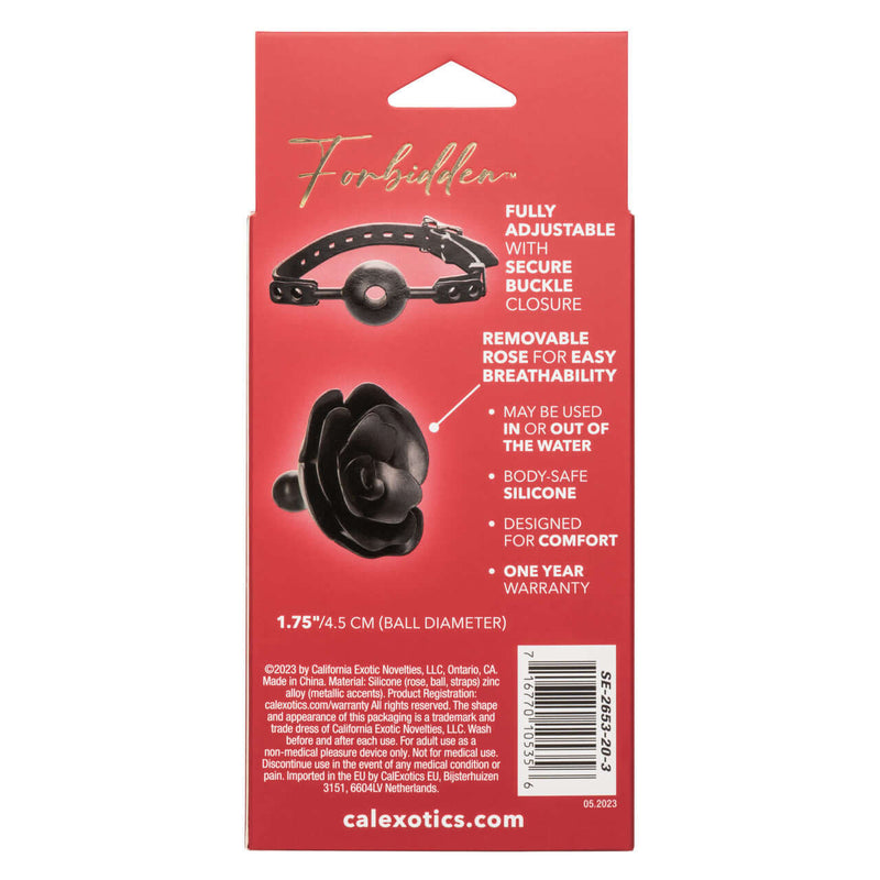 Packaging of Forbidden Removable Rose Gag highlighting adjustable ball gag with silicone rose accent and secure buckle closure.
