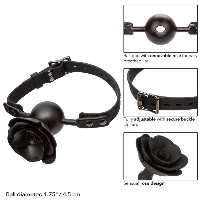 Forbidden Removable Rose Gag - black silicone ball gag with adjustable buckle and removable rose accent for customizable BDSM play