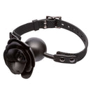 Adjustable ball gag with removable rose accent and buckle closure for BDSM play